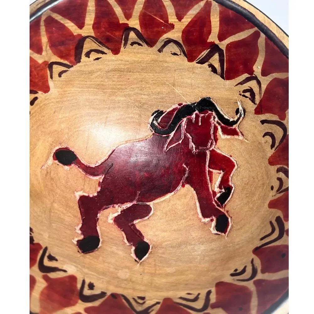 VTG Hand Carved Wooden Bowl‎ Charging Bull Folk Art Rustic Western Ranch Decor